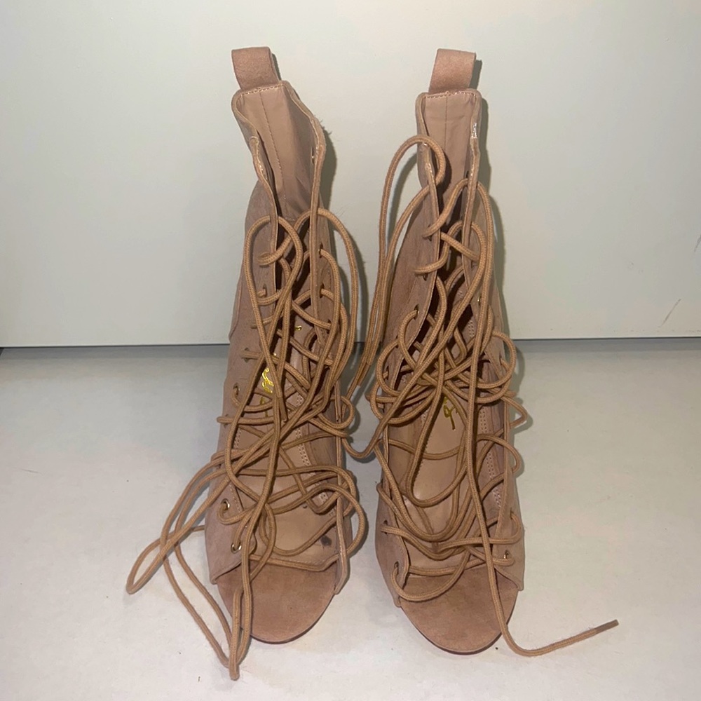 NWOT Open Toe Lace-up Booties in Nude Vegan Suede with 4.5” heel from Lulu’s